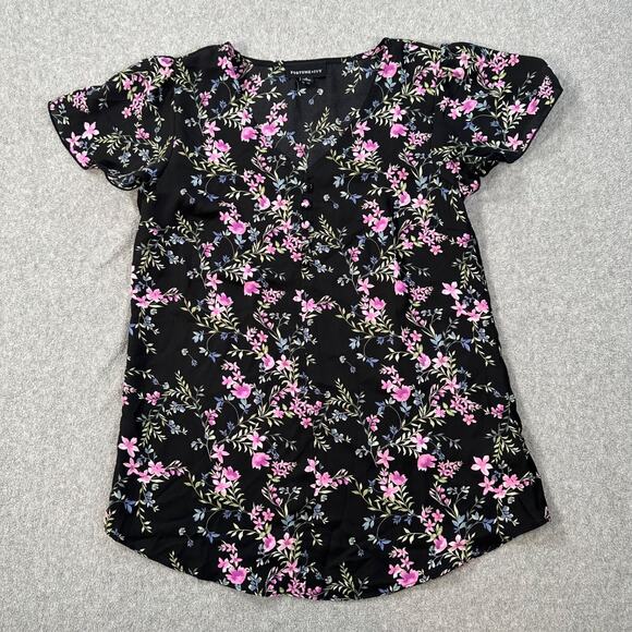 Fortune + Ivy Black Floral V-Neck Blouse Women's Small Short Sleeve Top - Picture 1 of 9